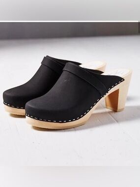 Maguba Stockholm Swedish Clogs Black Leather Wooden Heel Mules EU 41 US 9.5